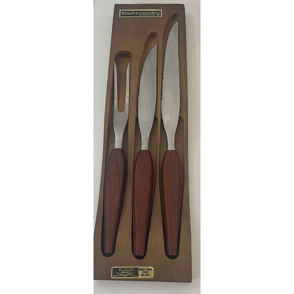 Vintage MCM Town & Country Washington Forge Fleetwood Teak Carving Knife Fork - Picture 1 of 6